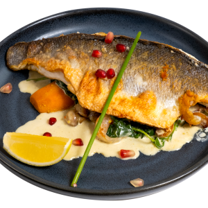 Pan Fried Sea Bass Fillet & Prawns